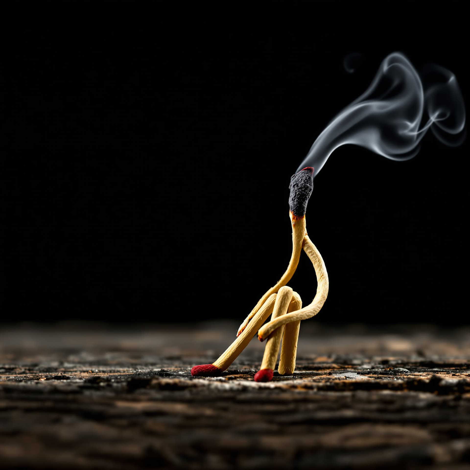 AI generated: A playful scene featuring a creatively positioned matchstick, bent to form a sitting figure on a rus...