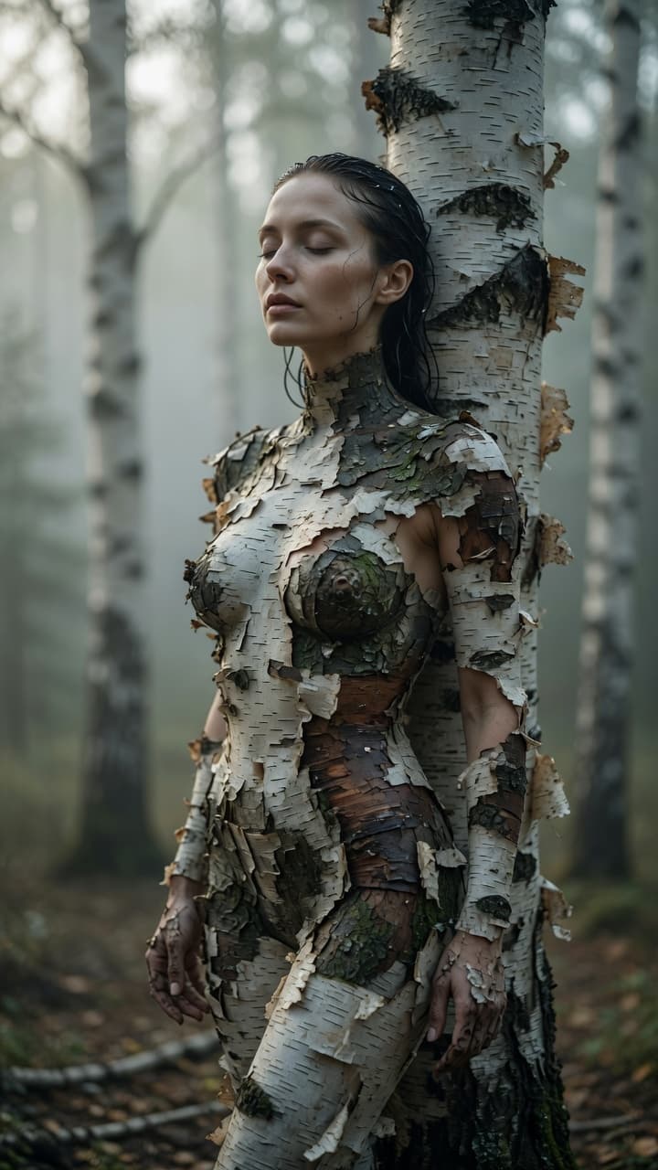 AI generated: Ultra-realistic photographic portrait of a hauntingly beautiful full body female tree spirit / dryad...