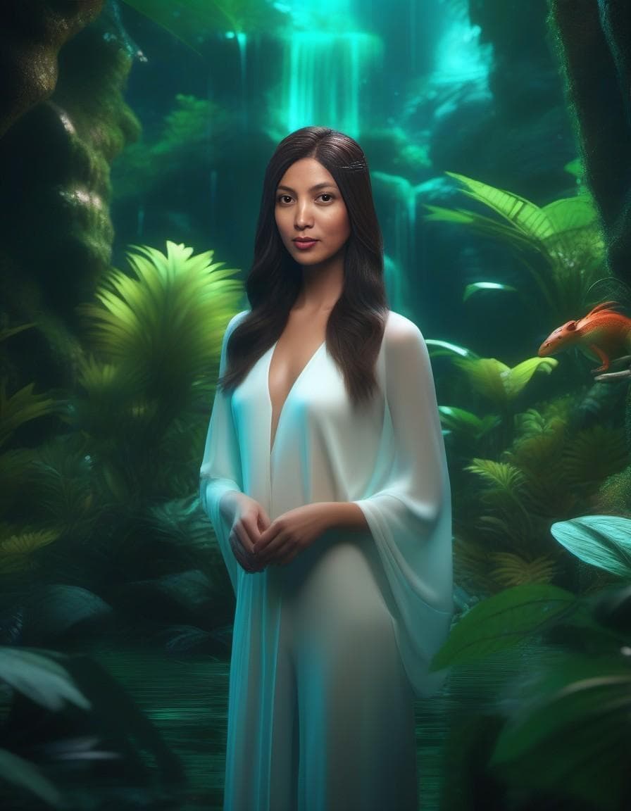 AI generated: Design a lush alien jungle with exotic flora, glowing plants, and a mysterious waterfall with biolum...