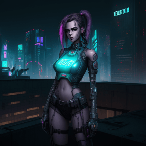 AI generated: concept art, a cyberpunk girl with Prompt Hero text on her chest, standing on rooftop with a dark dy...