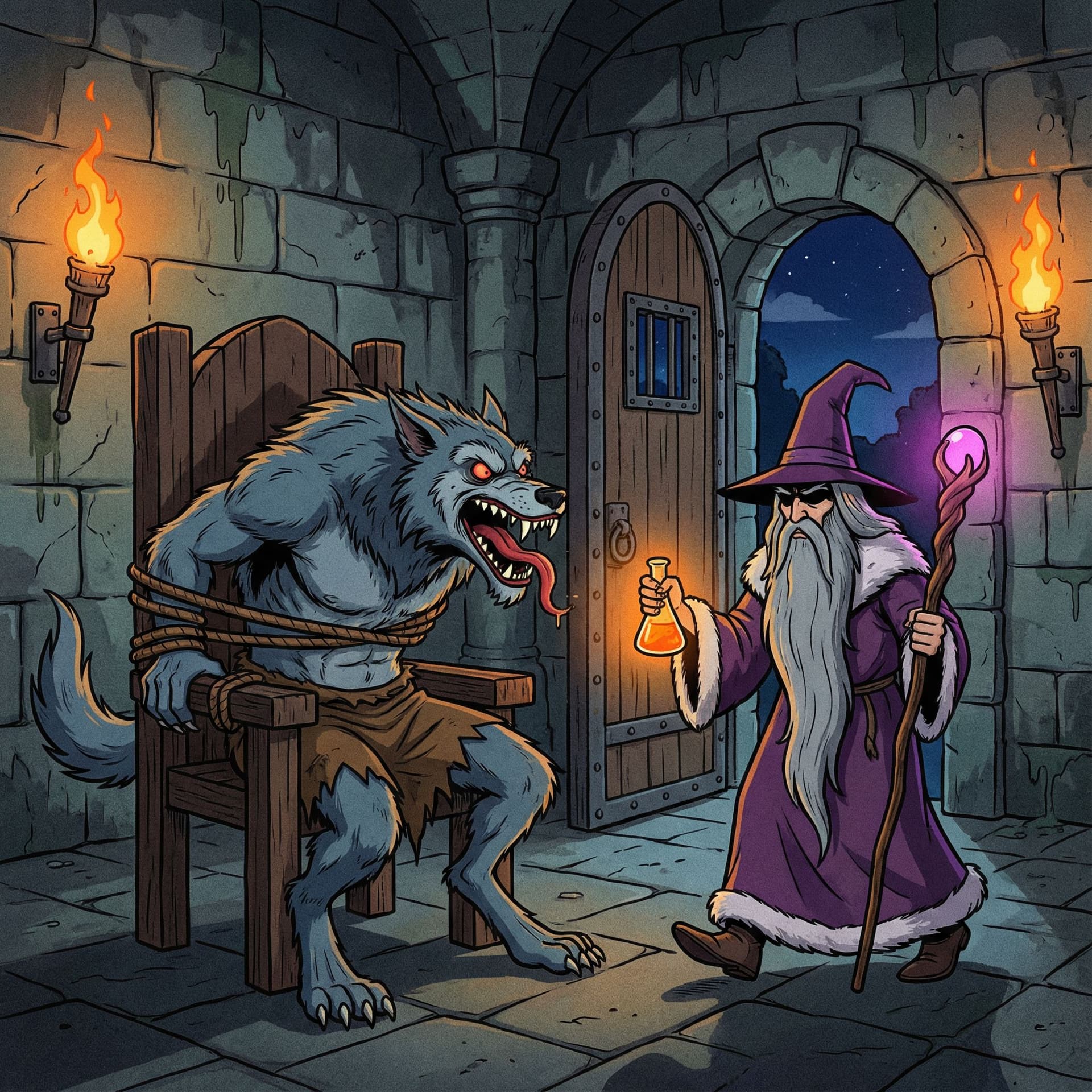 AI generated: Dark castle dungeon scene animation, medieval horror atmosphere, 1980s classic animation style,

int...