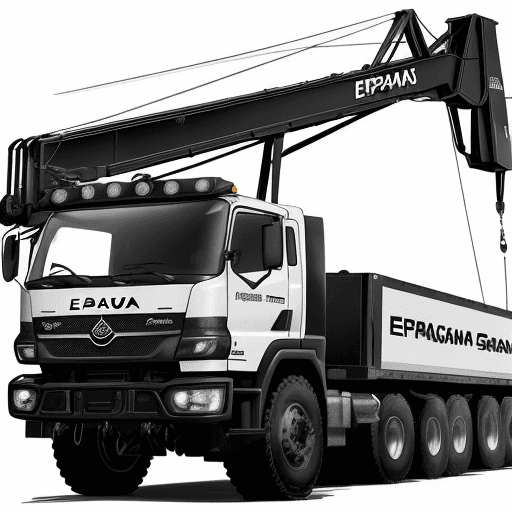 AI generated: A black and white drawing of a large crane truck with the text "ESPAGRUAS" on the side. The truck ha...