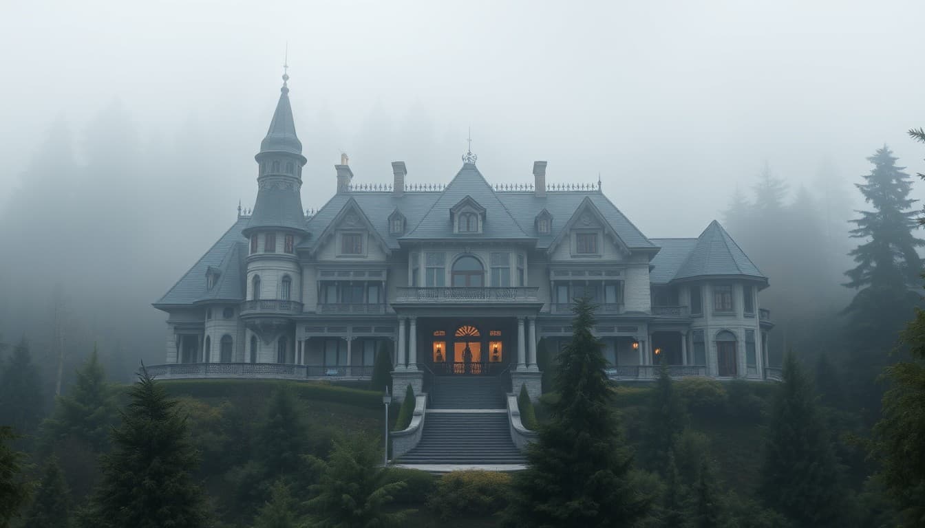 AI generated: luxurious mansion in the middle of a foggy forest