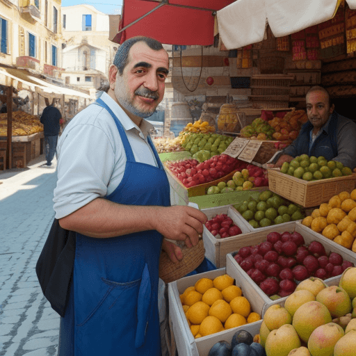 AI generated: greek merchant on a greek market, selling fruits