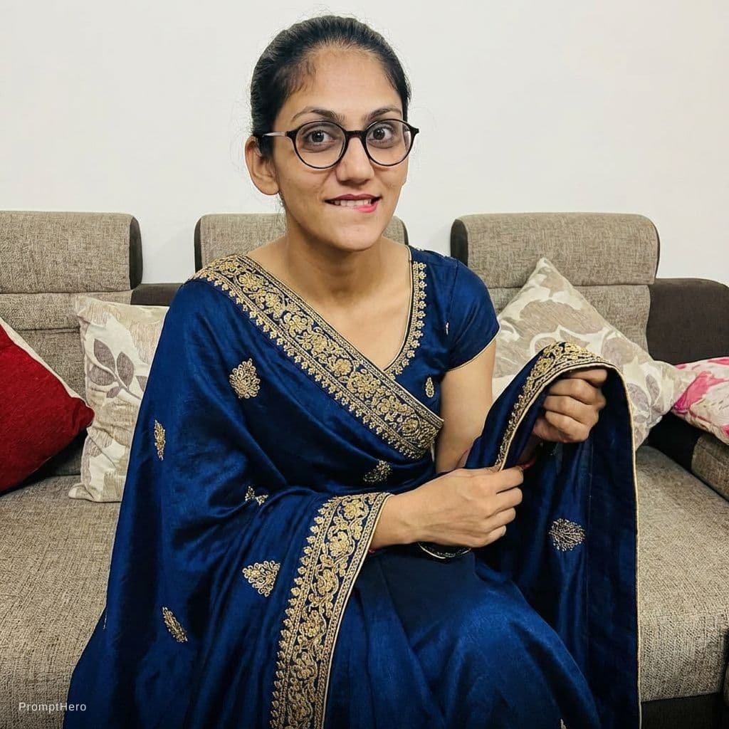 AI generated: Sitting on a couch, teasing cute, looking at camera, wearing a saree bra dress 