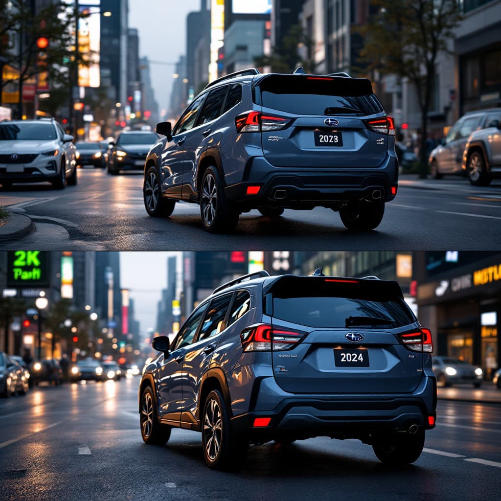 AI generated: a 4k detailed two image of a Subaru forester 2024 model rear and front views on streets of busy city...