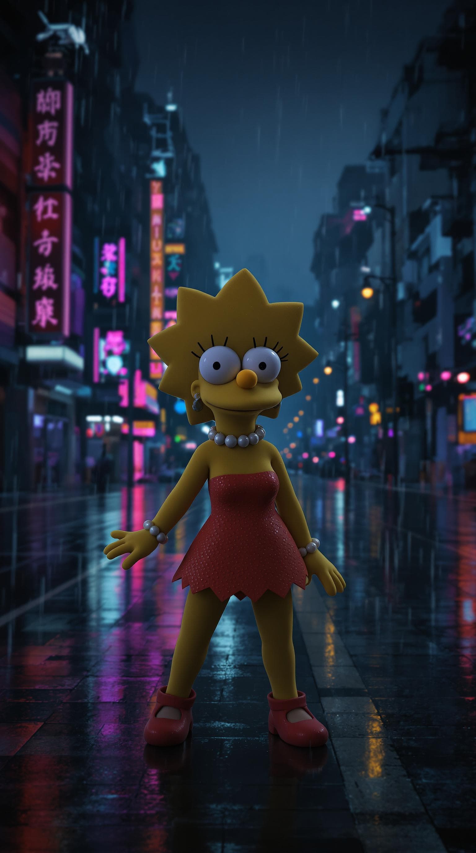 AI generated: 3d cartoon Lisa Simpson Posing In dark rainy Dystopian city in the rain, on an empty street. Neon li...