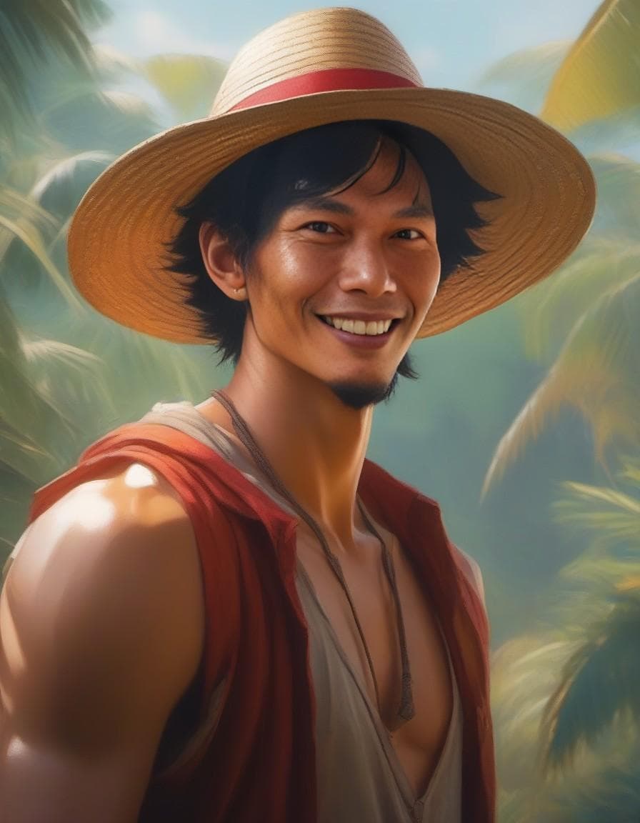 AI generated: made by Emmanuel Lubezki, Daniel F Gerhartz, character of One Piece movie, Monkey D. Luffy, in straw...