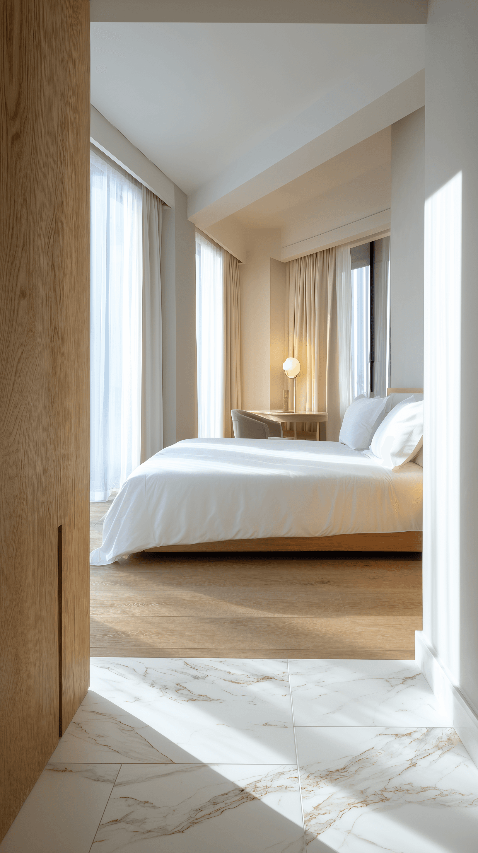 AI generated: photograph, minimalist style hotel suite room interior, white and light oak wood texture materials, ...