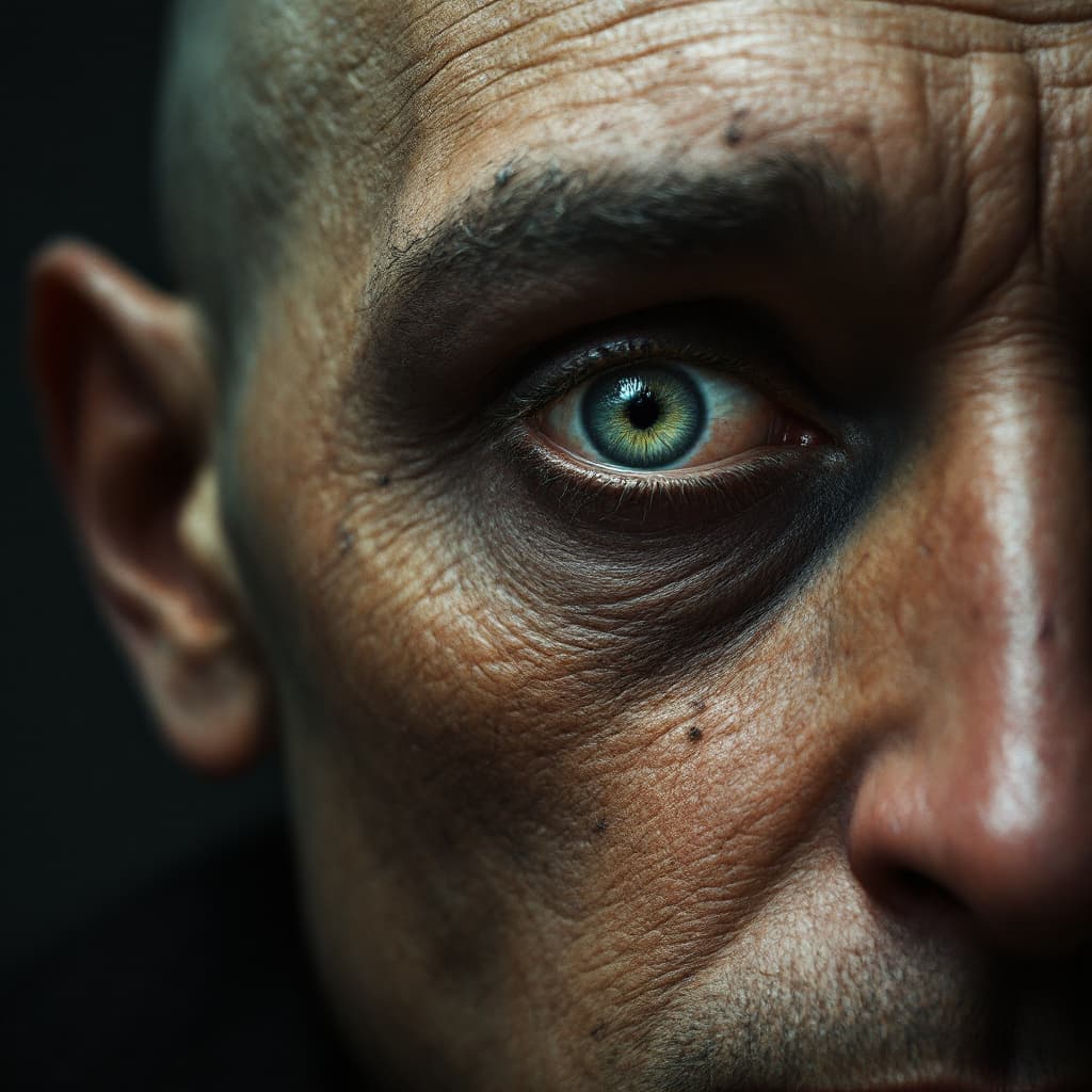 AI generated: realistic portrait of a man, very thin, big eyes, dark circles under the eyes, bald, only the right ...