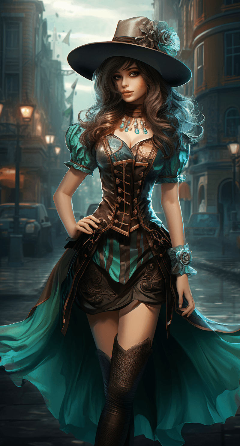 AI generated: A girl dressed in a dress and hat is on a street in style, in the style of dark bronze and emerald, ...