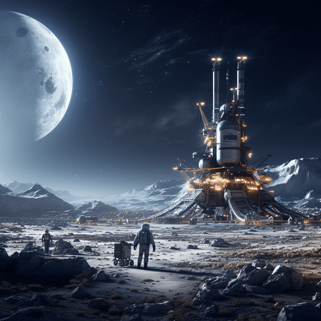 AI generated: 1955, moon landing, sci-fi, 8k, photorealistic, no atmosphere, earth in the sky, terraforming, style...
