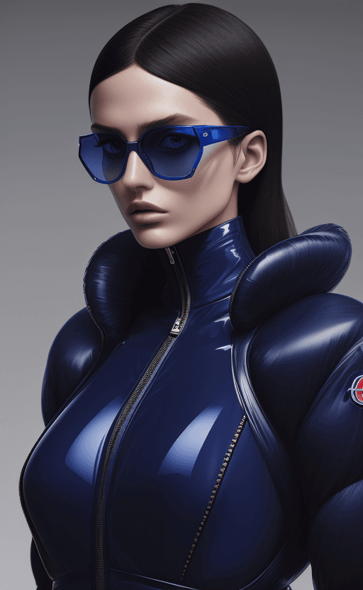AI generated: Fashion shoot, Jacquemus and Moncler collaboration: dark blue translucent futuristic sunglasses, hyp...