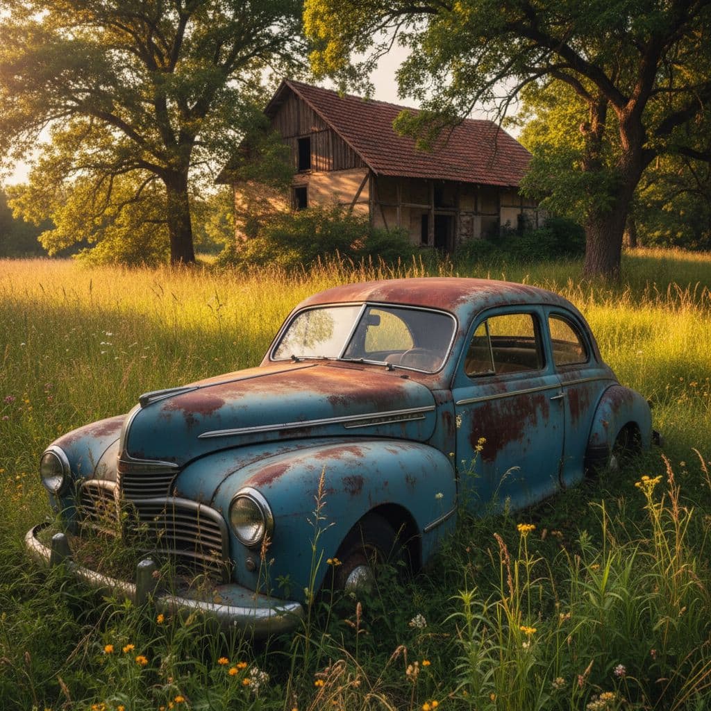 AI generated: A realistic photo of vintage, rusted blue car, positioned prominently in an overgrown grassy area, e...