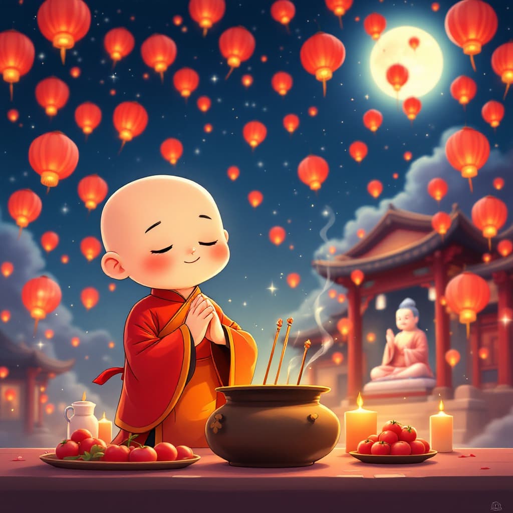 AI generated: A cartoon of a cute little Chinese Taoist priest rendered in Japan, with his hands clasped together,...