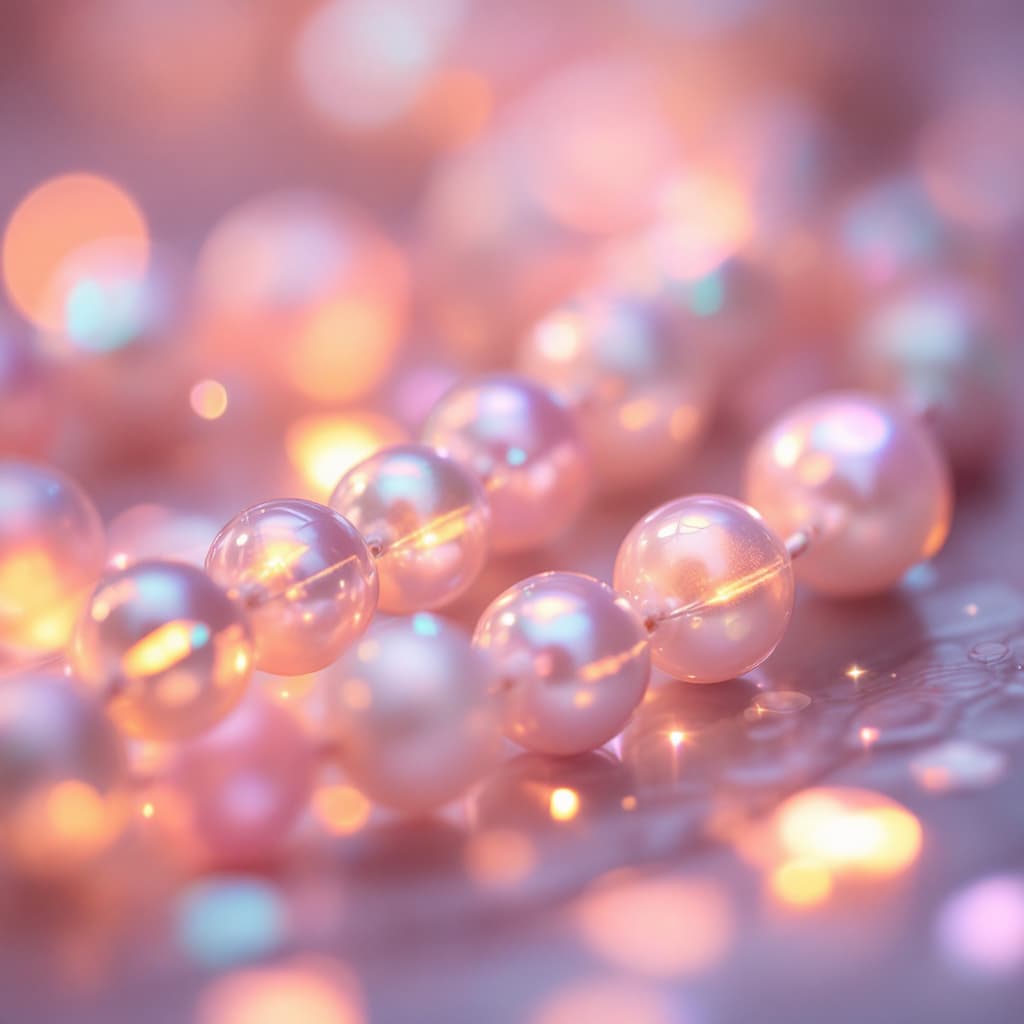AI generated: Closeup macro photography. Pearlescent string of iridescent pearls glows softly. Soft focus. Dreamy ...