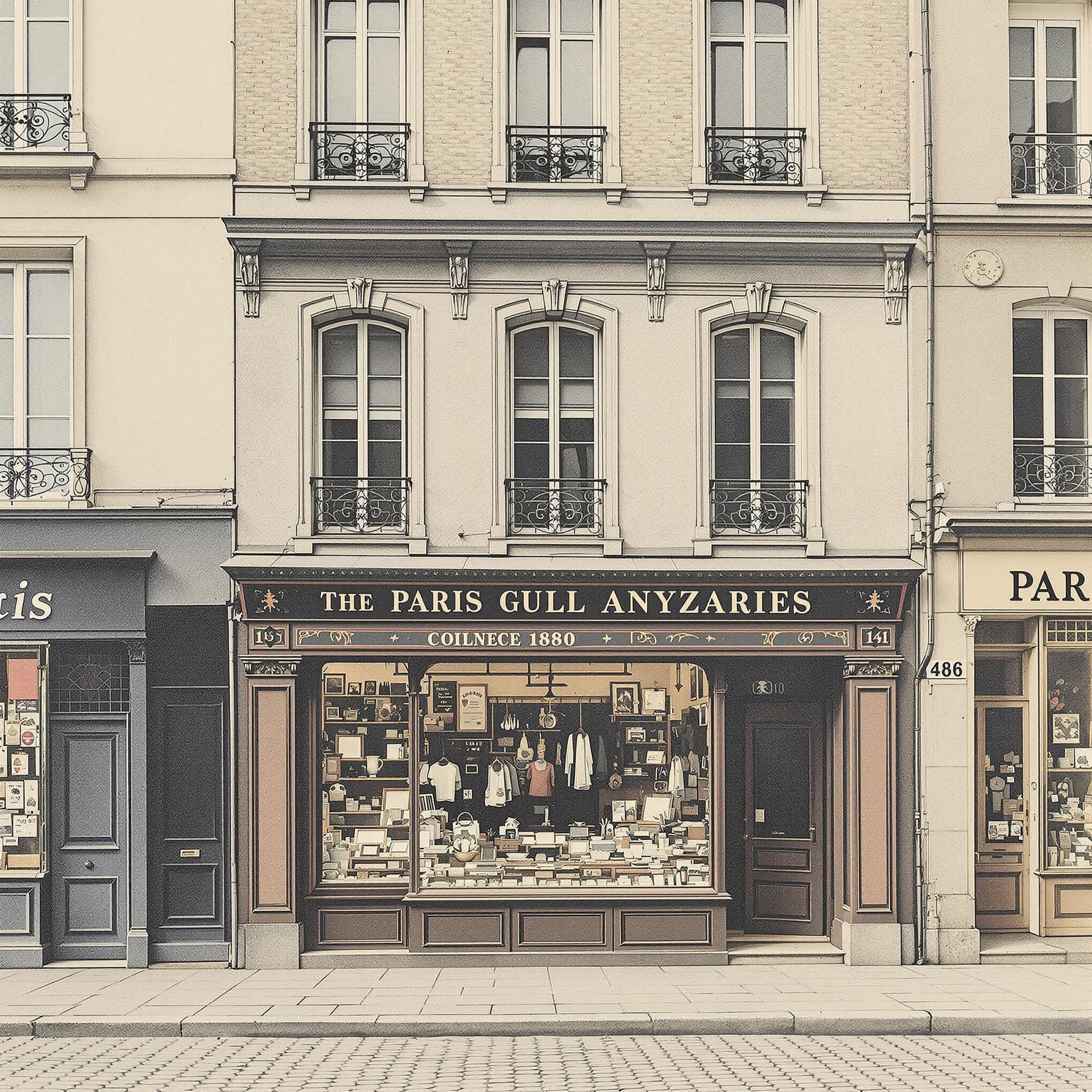 AI generated: Paris 1880, a facade of a little shop, front view, elevation, in colours