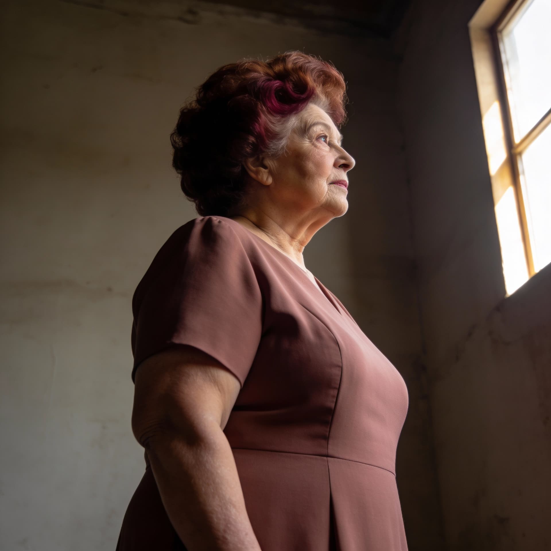 AI generated: elderly woman, 80 years old, elegant, overweight, plain solid-color dress,
upper body portrait, low ...