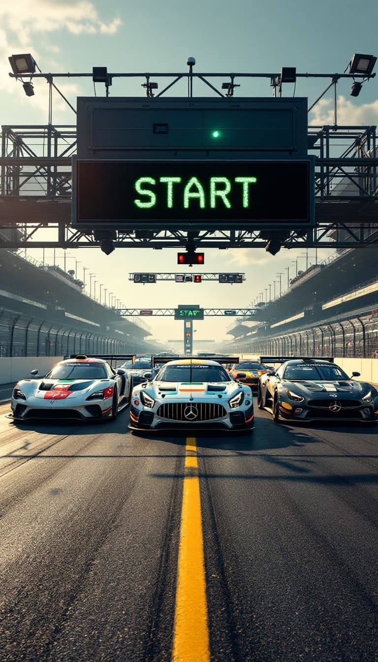 AI generated: Summer. 6 racing cars with different club logos on their sides, which are participating in the race,...