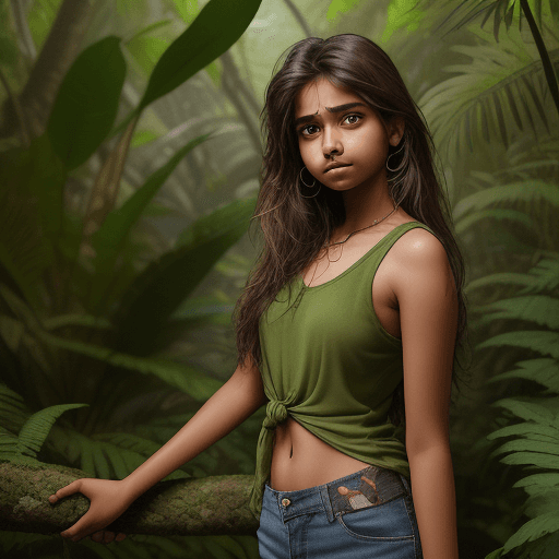 AI generated: A 17 year old Indian girl is posing in a natural trail in a jungle , she is wearing a loose green ta...