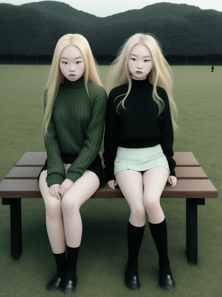 AI generated: a couple of women sitting on top of a wooden bench, inspired by Ren Hang, tumblr, standing in grassy...