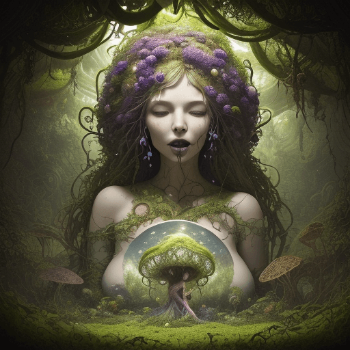 AI generated: The image depicts a Mycelium world, which is a fantastical and surreal environment. The central figu...