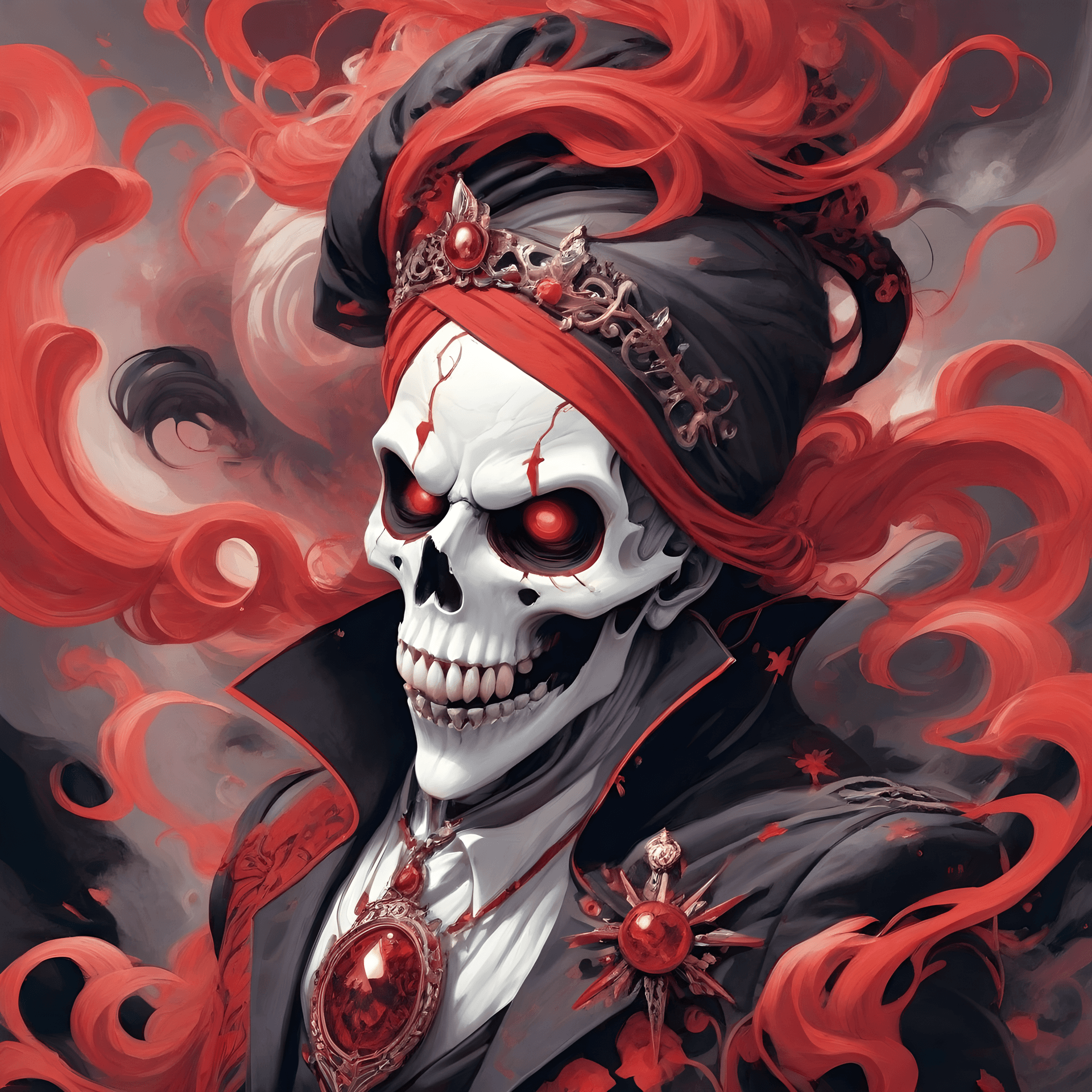 AI generated: zesty mad Ghost, Digital illustration, Contemporary, Predominantly red and black hues.