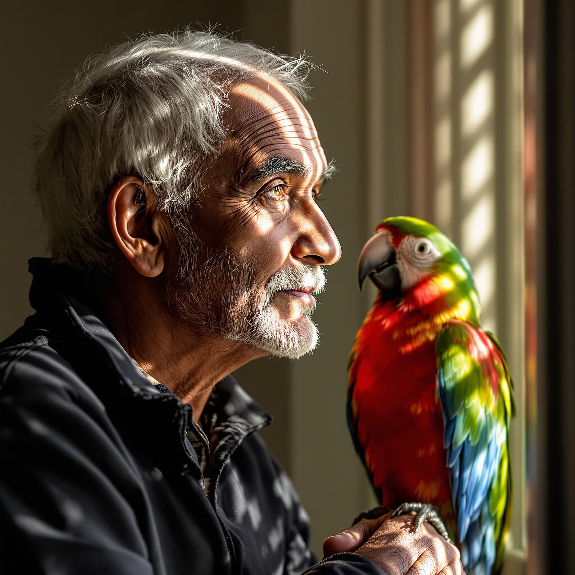 AI generated: The image features an elderly Indian man with white hair, wearing a dark jacket, standing closely be...