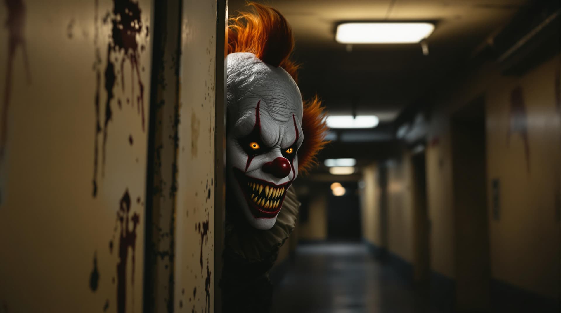 AI generated: a photo-realistic image shot with Panasonic Lumix GH7 of a  menacing clown lurking in a dimly lit co...