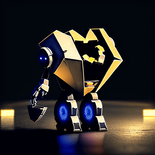 AI generated: A robot with a coin or token in place of a heart inside its metallic chest, standing in front of a b...