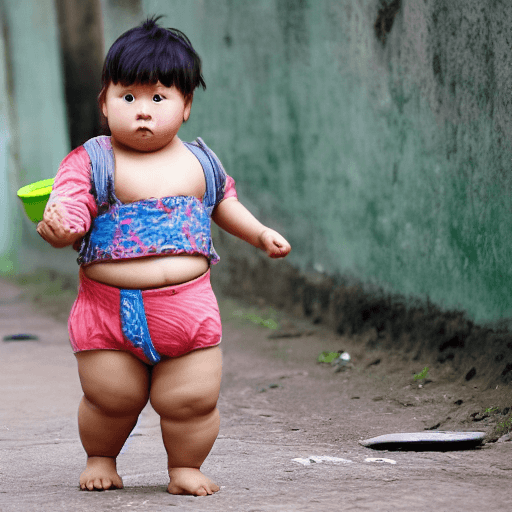 AI generated: a cute corean chubby slum baby who wear just underwear runing form his mother and hold bowl of rice