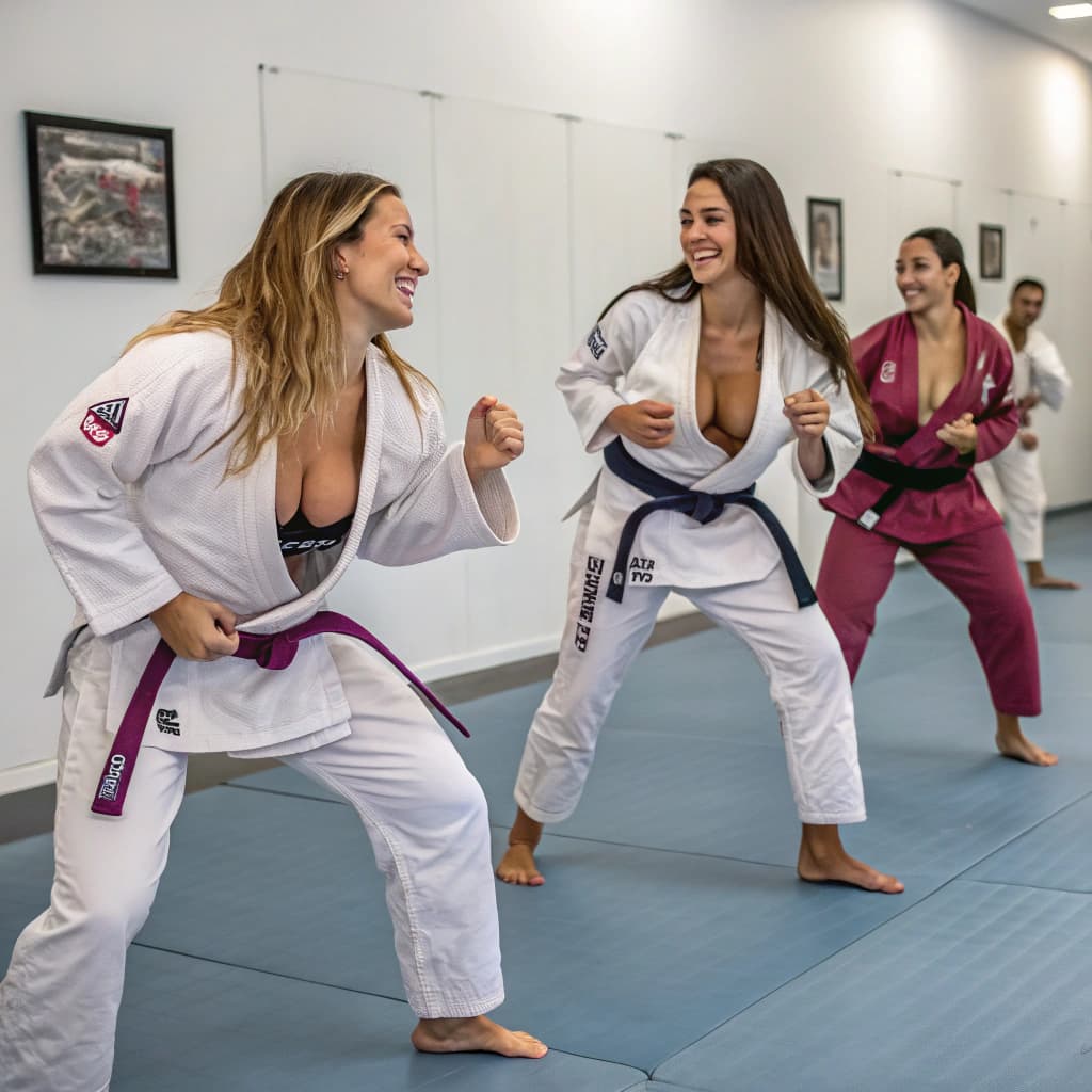 AI generated: masterpiece, several beautiful women, (((practicing jiu-jitsu))), dougi, large breasts,  very long h...