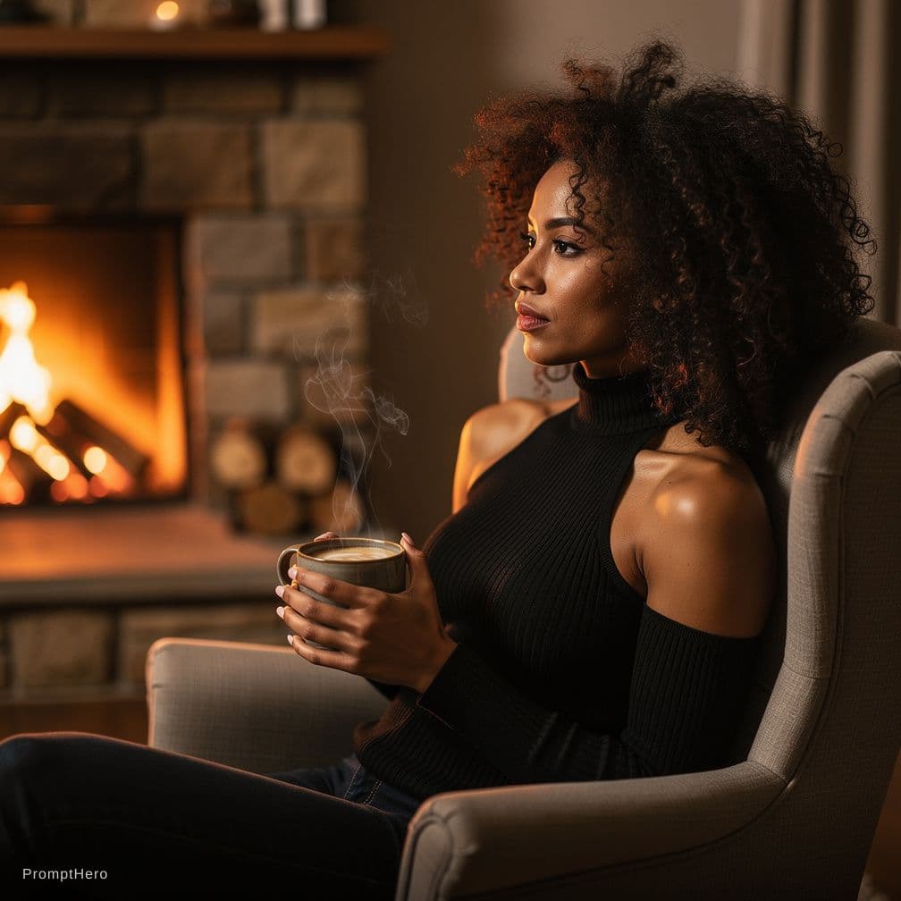 AI generated: A brown woman with a curly afro, wearing a black, turtleneck sweater with a halter top, sitting next...