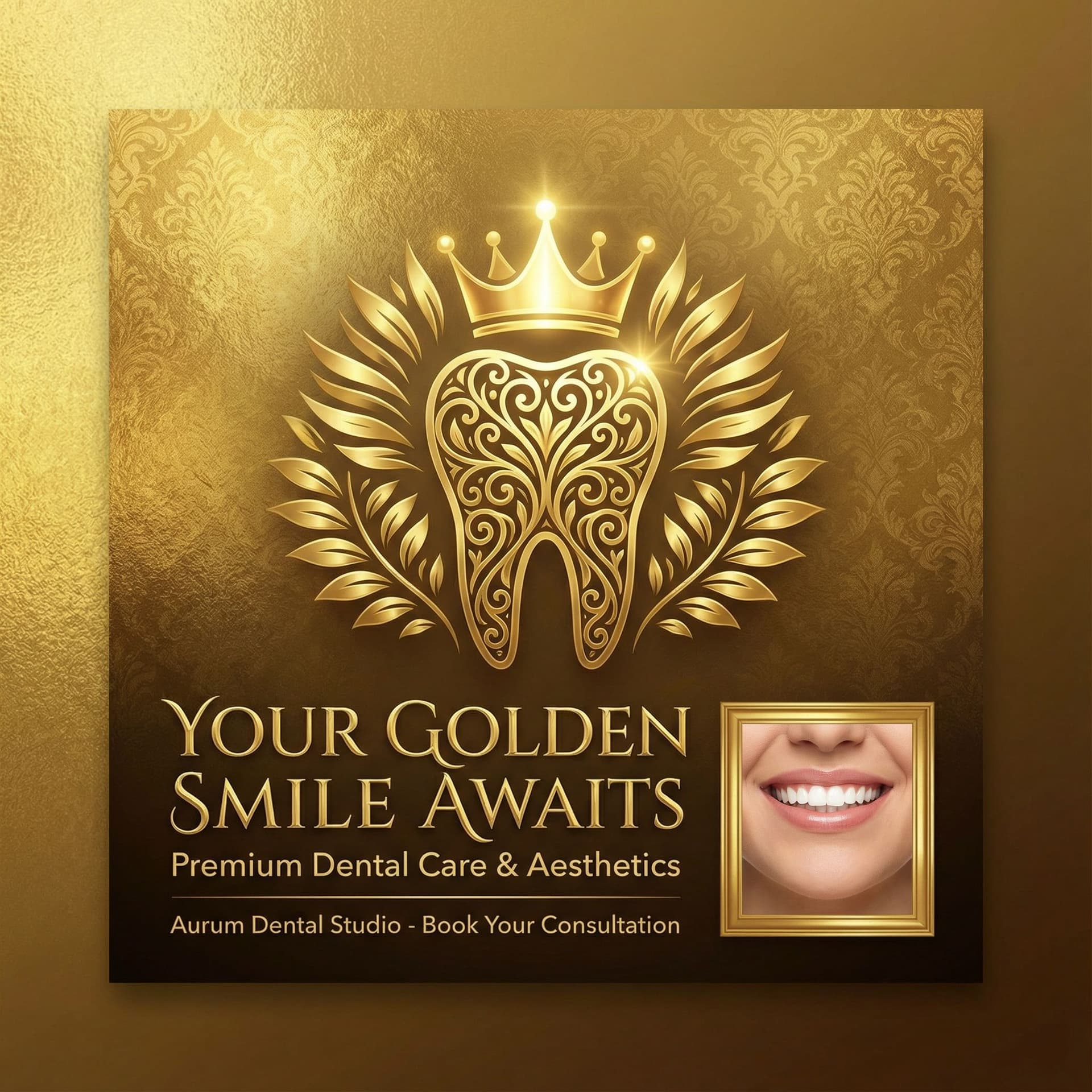 AI generated: I need a social media design for Facebook about a dental clinic; the design should be in gold.