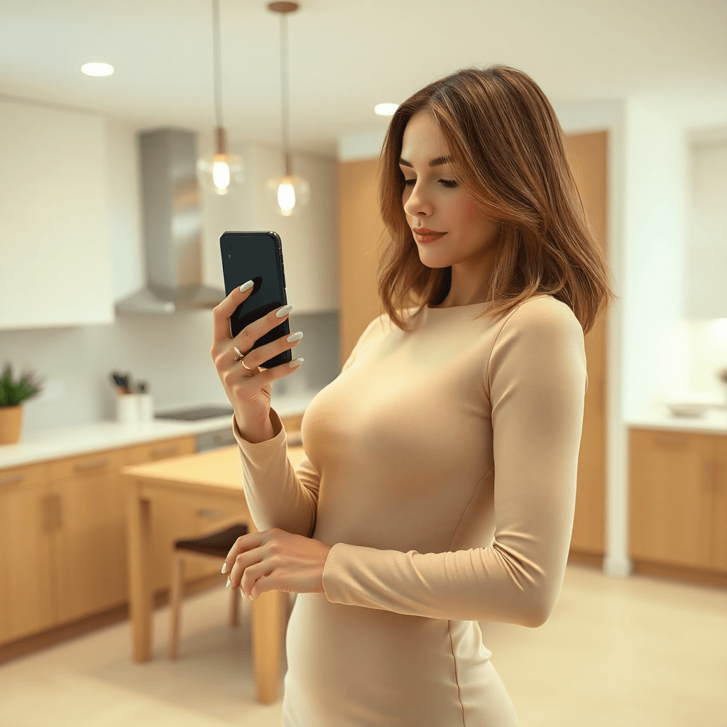 AI generated: A woman in a beige/cream-colored long-sleeved mini dress, full shot.  The dress is smooth and appear...