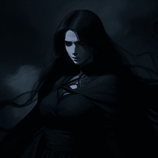 AI generated: (character of video game 1:3)::2 royal, darkness, long windblown hair and cloth, Magic the gathering...