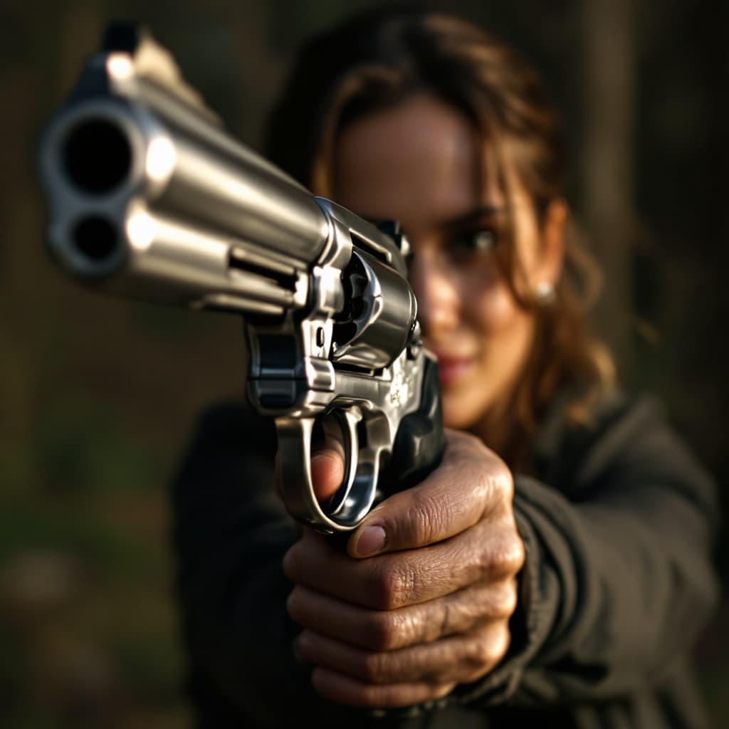 AI generated: Juliette Binochet holding a Silver  revolver, Thumbs up, Maximum  depth of Field.
