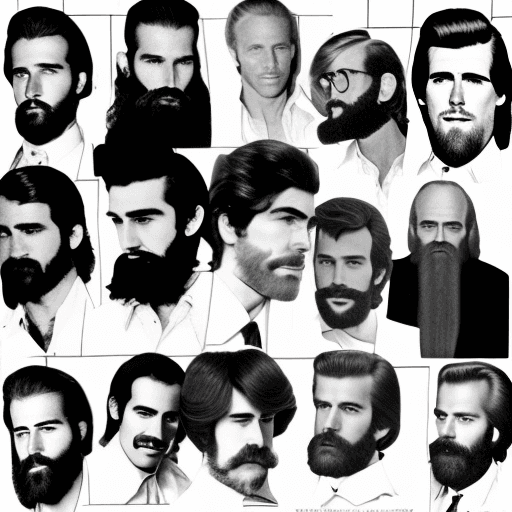 AI generated: A grid of mens hairstyles from the 1970s, from long and voluminous to short with sideburns or full b...