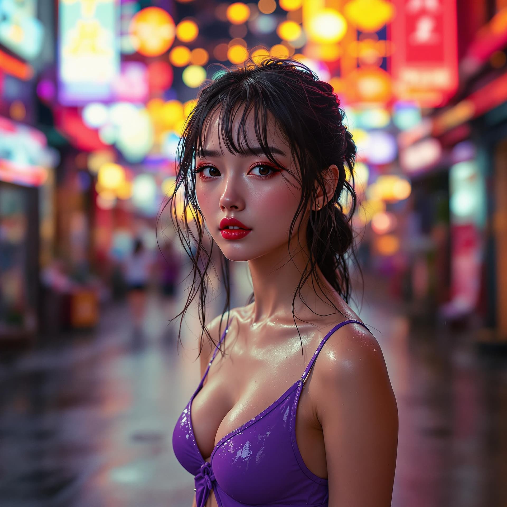 AI generated: a girl in a purple top in a neon city,in the style of chinapunk,iconic album covers,soft-focus portr...