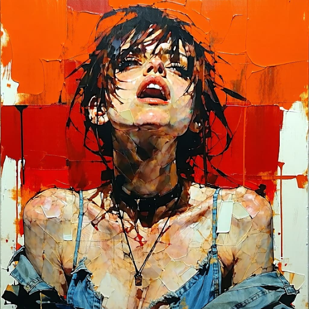 AI generated: Character design by Kaethe Butcher,backdrop by Greg Tocchini,25-year-old female wearing bralette, wo...