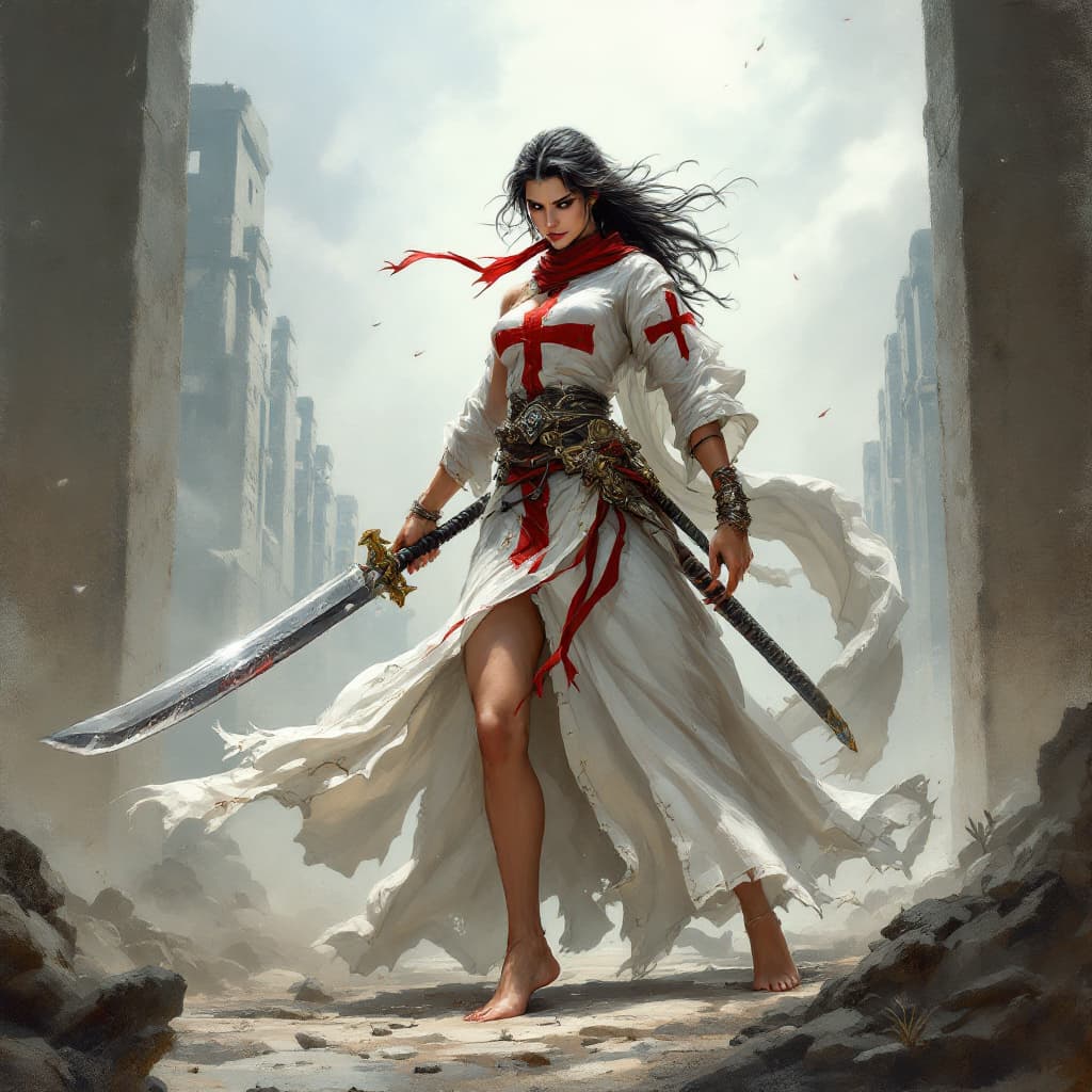 AI generated: priest woman warrior, powerful and fierce, barefoot with perfect feet, full body view, athletic phys...