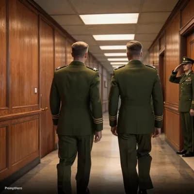 AI generated video: Two senior military generals walk down a Pentagon hallway and turn toward an office doorway.

A unif...
