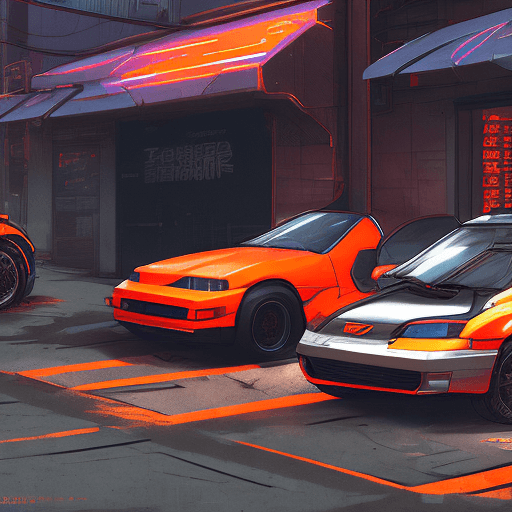 AI generated: cyber punk mechanical orange honda integra dc5 next to silver 1995 mazda mx5-na, , highly detailed l...