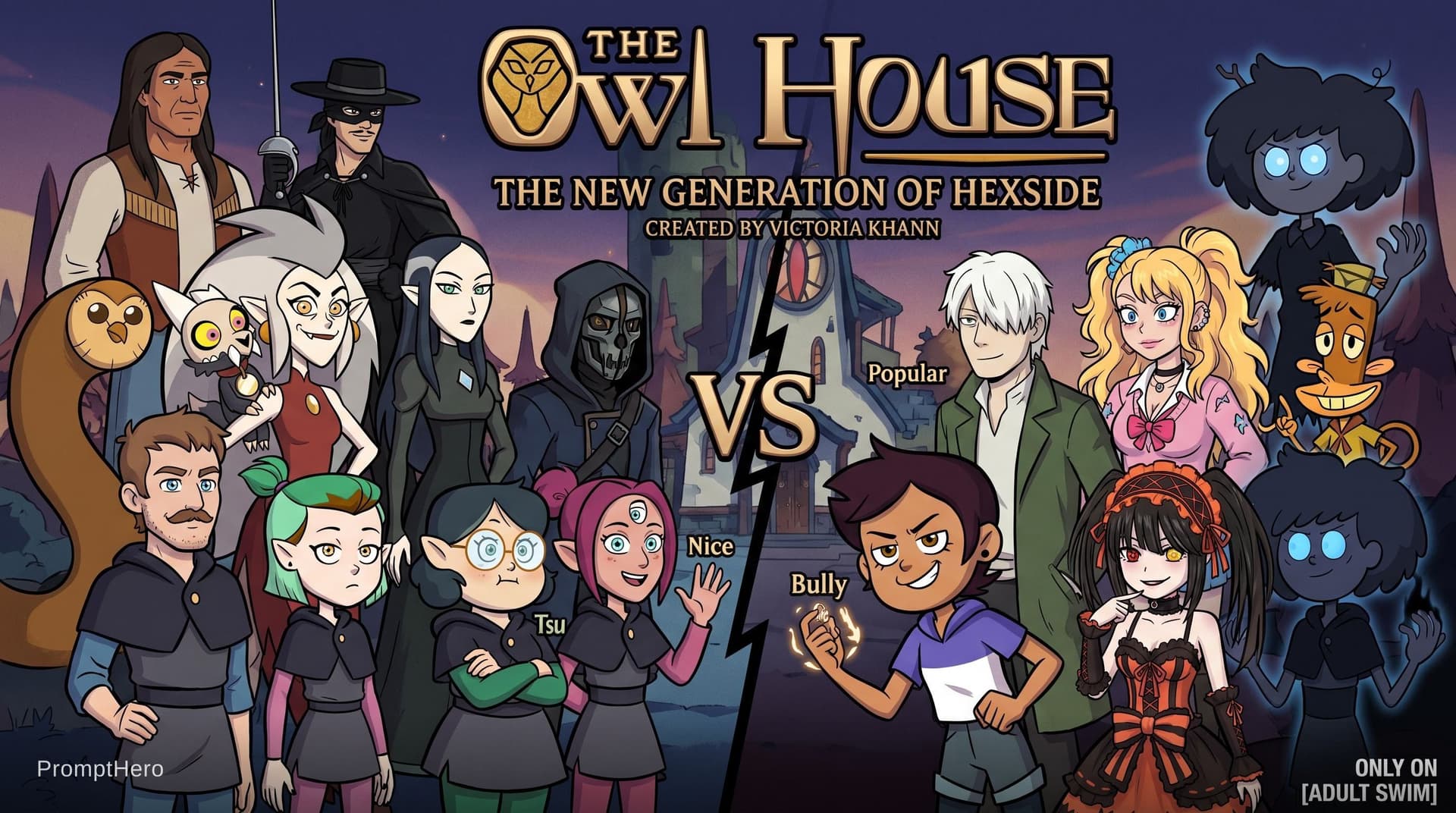AI generated: The Owl House: The New Generation of Hexside logo, created by Victoria Khann, a heroes: a young adul...