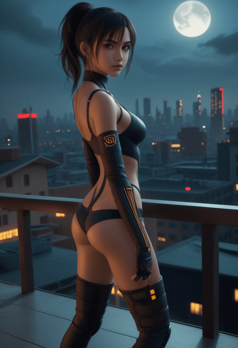 AI generated: anime artwork Digital artwork,concept art,a female ninja,standing on rooftop with a dark dystopian c...