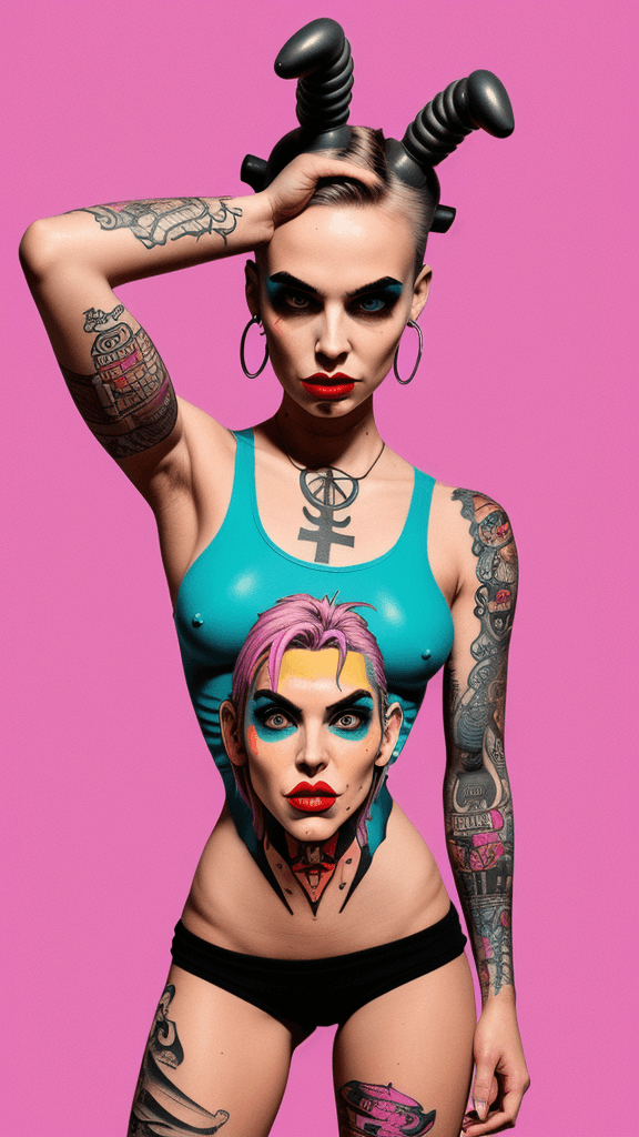 AI generated: twisted backdrop
shock
pop surrealism lowbrow art style
flawless tank girl 
asymmetrical anatomy
pea...