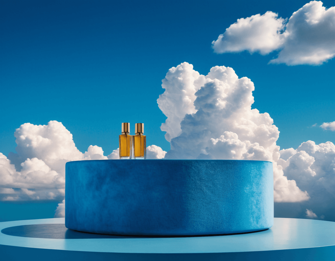 AI generated: Product photography, beautiful blue podium for product, super detalised and fashion, with puffy clou...