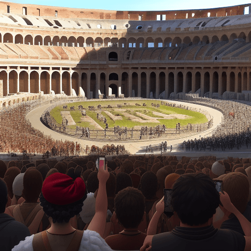 AI generated: a crowd of people holding their phones with gladiator fights in the Roman Coliseum, hyper-detailed, ...