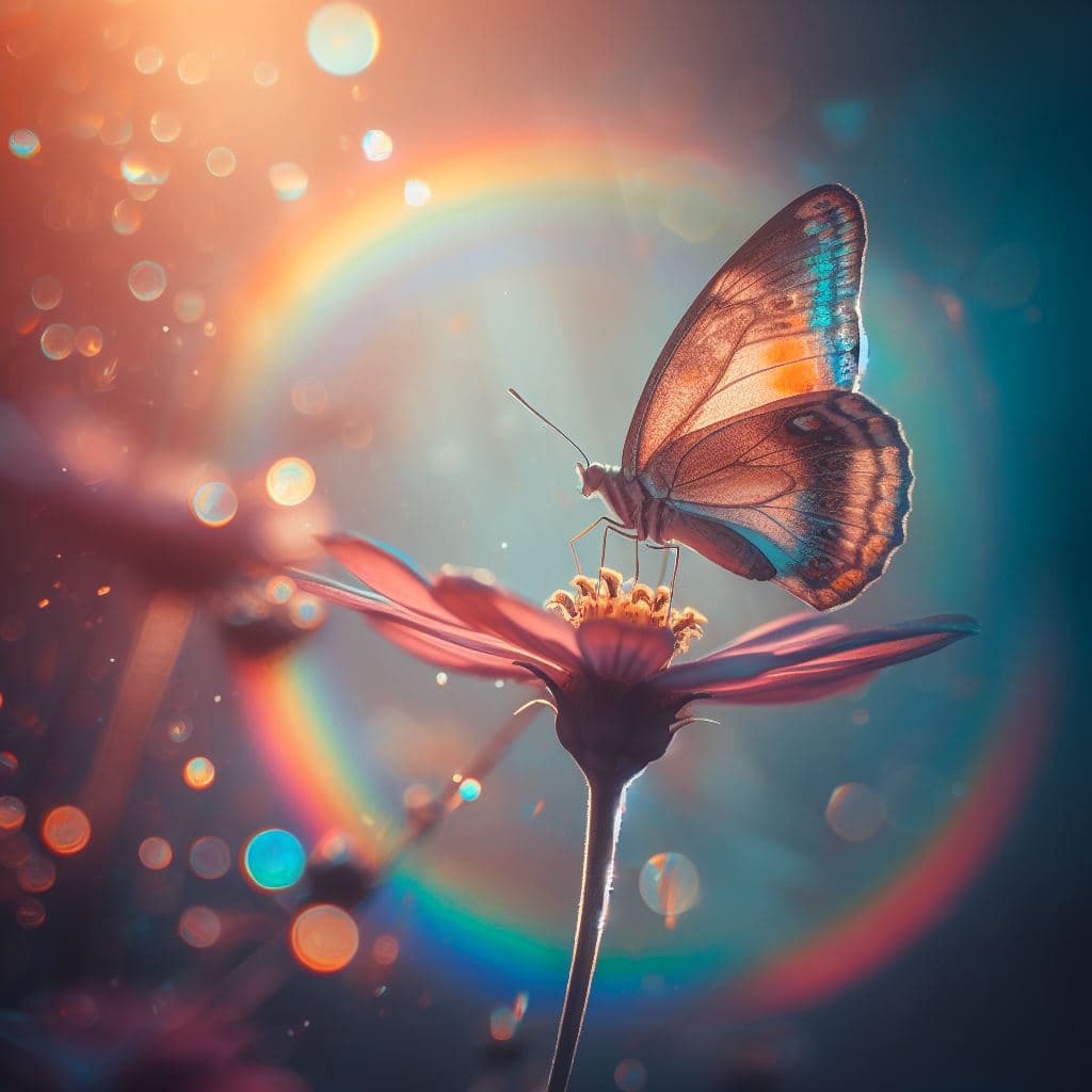 AI generated: A colorful rainbow butterfly on a flower, f:1.2,4k, soft sun lighting