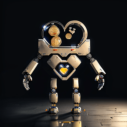 AI generated: A robot with a coin or token in place of a heart inside its metallic chest, standing in front of a b...